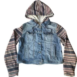 Wall Flower Kid’s Denim Jacket with Hoodie, size XL, Blue & Tan, Many Pockets - Picture 1 of 7