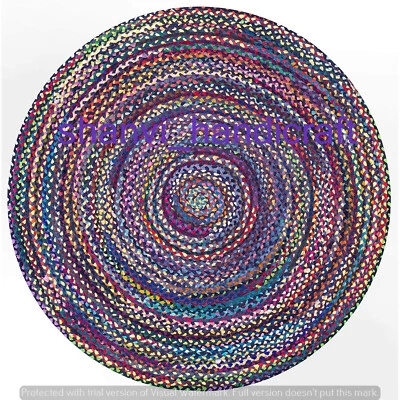 Round Natural Braided & Multi Colour Cotton Area Floor Rug Rags Carpet Yoga Mat - Image 1 of 4