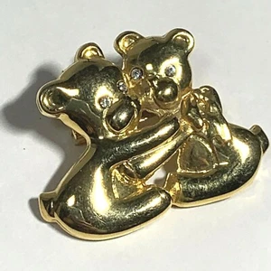 VINTAGE Cuddle Teddy Bears PIN Gold Tone Rhinestone Eyes HUGS LOVE  - Picture 1 of 5