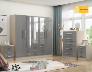 Modern 5 Door Grey High Gloss Bedroom Set – Wardrobe, Chest & 2 Bedside Drawers - Picture 1 of 12