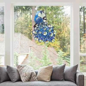 Window Stained Glass Presley Blue Peacock 24” High - Picture 1 of 5