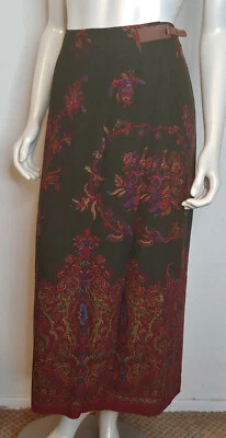 Ralph Lauren Olive Green Long Skirt 4 Floral Blue Taupe Straight Wool Blend - Image 1 of 4