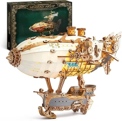LED 3D Wood Puzzle Fantasy Airship Model - Steampunk DIY Craft Kit with White  - Image 1 of 4