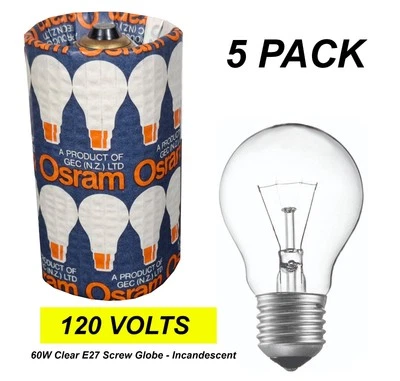 5 x 120V 60W Light Globes Bulbs Lamps Incandescent ES E27 GLS Clear - US Voltage - image 1 of 3