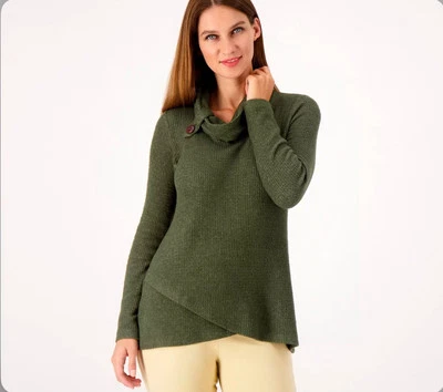 Топ Susan Graver Weekend Текстурированный Трикотажный Кроссовер Подол Воротник Капот Размер 3X Оливковый - Изображение 1 из 4