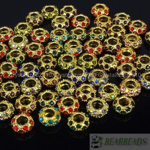 Big Hole Crystal Rhinestone Pave Gold Rondelle Spacer Beads Fit European Charm