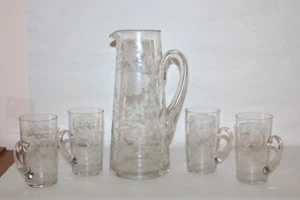 Vintage Cut & Etched Clear Crystal Decanter With 4 Glasses Tea Coffee Mugs - Picture 1 of 15