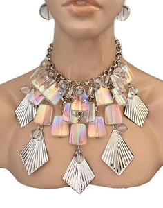 Aurora Borealis Lucite Beads Evening Choker Bib Fringe Statement Necklace - Picture 1 of 3