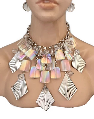 Gargantilla de noche con cuentas de lucite aurora boreal babero flecos collar llamativo Foto 1 de 3