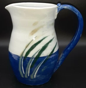 Signed Studio Art Pottery Ceramic Pitcher Jug Cat Tails Water 7" Tall Vase Decor - Picture 1 of 9