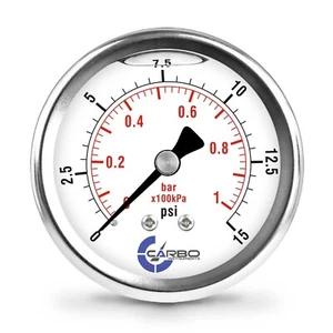 2.5" LIQUID FILLED PRESSURE GAUGE 0 - 15 PSI, STAINLESS STEEL CASE BACK MOUNT - Picture 1 of 6