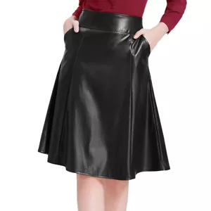 Women's Real Genuine Lambskin Leather Skirt Pocket Flare Knee Length Urban Skirt - Picture 1 of 6