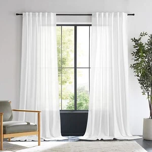 White Linen Curtains 120 Inches Long for Living Room Back Tab Pocket Semi She... - Picture 1 of 8