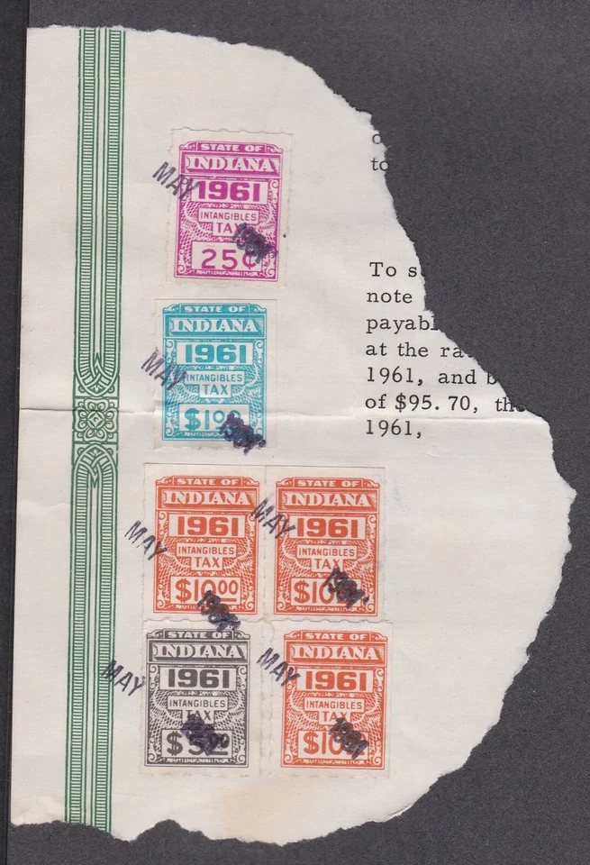 USA INDIANA USED 1961 6 INTANGIBLE TAX STAMPS TIED TO A PIECE - Image 1 of 1