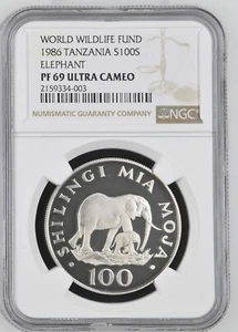 1986TANZANIA 100 Shilingi, Silver - Elephant Mother and Calf - NGC PF 69 UC - Picture 1 of 2
