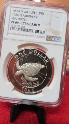 Bermuda Sea Turtle World Wildlife Fund 1986 dólar de plata prueba NGC PF69 Ultra Foto 1 de 4