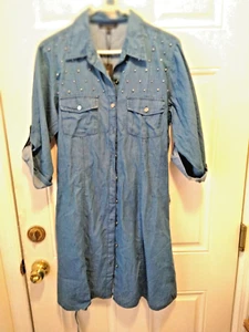 New Glory Women's Size L Blue denim tie waist NWT embellished Shirt Dress co1935 - Picture 1 of 7