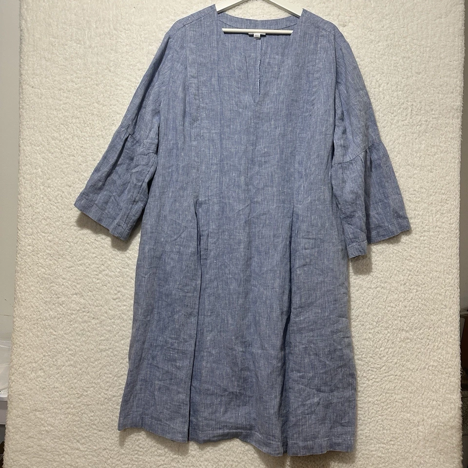 J Jill Love Linen Blue Sheath Tunic Dress 3/4 Bell Sleeves Pockets Plus Size 3X - Image 1 of 4