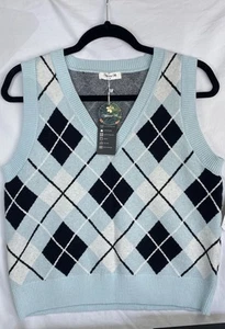Blooming Jelly Womens Argyle Plaid Sweater Vest V Neck Preppy Sleeveless Knit  - Picture 1 of 13
