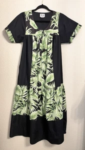 RM MALUMI Muumuu Maxi Dress Women XS Black Short Sleeve Hawaiian Pocket Fern - Picture 1 of 21