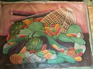 Quadro grande su tela originale firmato haitiano frutta verdura e cesto - Foto 1 di 8