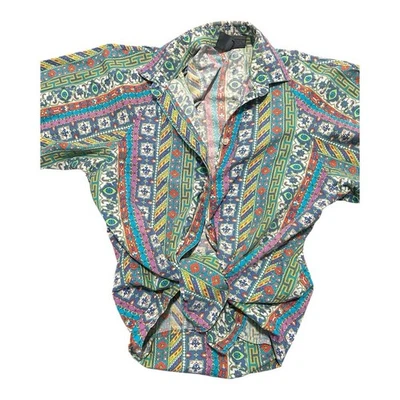 Camisa vintage 100% algodón con botones geométrica llave griega estampado boho Foto 1 de 4