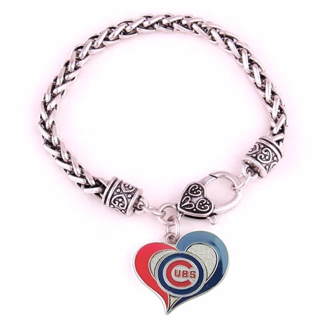 Chicago Cubs Heart Team Logo Charm Dangle Fashion Silver Tone Clasp Bracelet Cover