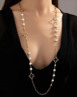 Clover and White Pearl Necklace 4 Four Leaf Clover Gold Tone Necklace 36" - Image 1 of 4