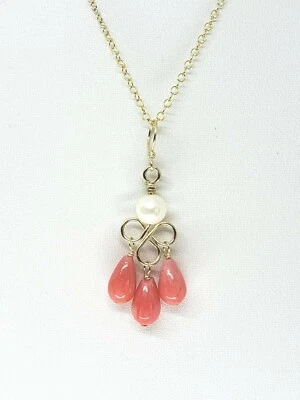Colgante colgante colgante de perlas blancas lágrima de coral naranja rosa oro amarillo de 14k Foto 1 de 4
