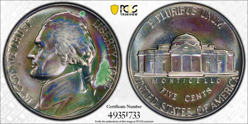 Moneda tonificada Jefferson 1964 a prueba de níquel graduación profesional PR67 PF 67 5C Foto 1 de 4