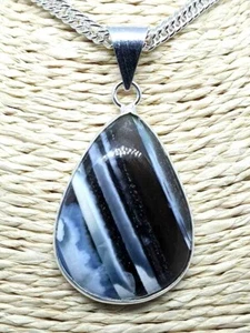 Natural Blue Striped Opal Bezel Pendant Silver Plated 18" Curb Chain 3mm New B2 - Picture 1 of 2