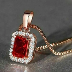 3Ct Emerald Cut Red Ruby & Diamond Halo Pendant 14K Rose Gold Finish Free Chain - Picture 1 of 6