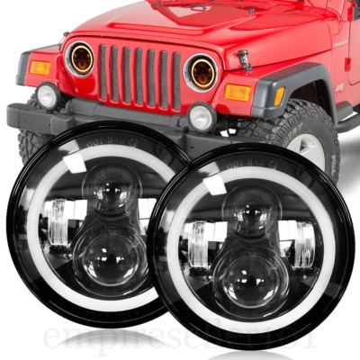DOT Pair 7" Inch Round LED Headlights Halo Angle Eyes For Jeep Wrangler JK TJ CJ - Image 1 of 4