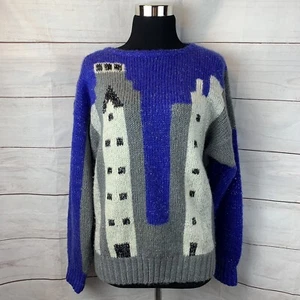 Vintage Wool Angora Sweater Pullover S Art Modern Skyscrapers Houses Skyline NYC - Picture 1 of 12