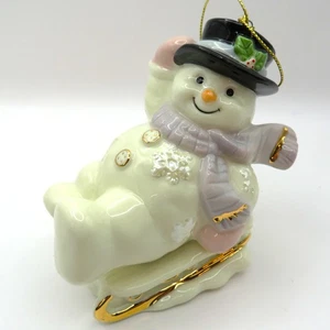 Porcelain Snowman Sledding Ornament Christmas Holiday Figurine 4.5" Tall - Picture 1 of 10