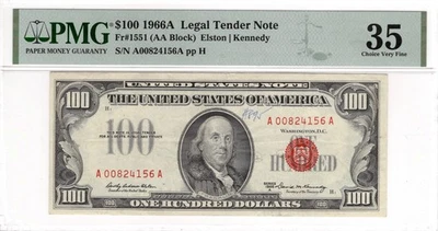 $100 1966-A Legal Tender Fr#1550 Red Seal PMG CVF35 AA Block - Image 1 of 2