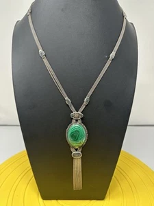 Beautiful Elegant Sterling Silver Large Malachite Necklace 73.3 Grams 23 Inch - Picture 1 of 11