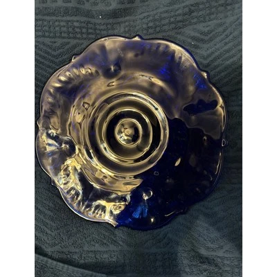 Vintage Cobalt Blue Glass Thistle Scalloped Footed Cake Plate Platter Tray 12” Foto 1 de 3