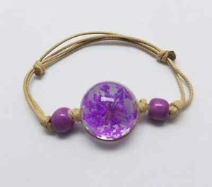 Pulsera Boho Cordón Ajustable Bola Vidrio Cabujón Flor Violeta Lila Seca E - Imagen 1 de 2