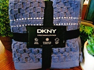New Donna Karan DKNY Navy Blue w/ White Pin Stripe Cotton Wash Cloths Set of 5 - Picture 1 of 8