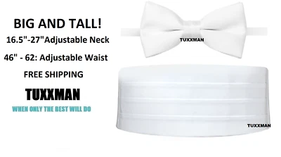 Hombre Nuevo Ajustable Grande y Alto Pajarita 46"-62" blanca satinada XXL cummerbund y pajarita Foto 1 de 2