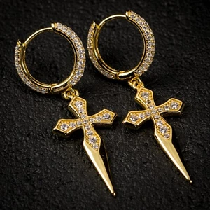 Pendientes colgantes colgantes colgantes de daga cz enchapados en oro 14K para hombre - Imagen 1 de 7
