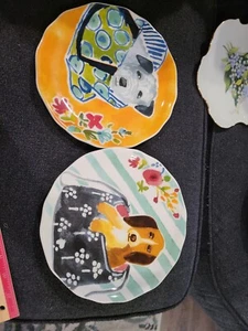 Pier 1 Pups In Purses Green Striped & Flower  & Yellow Floral  Dolomite Plate - Picture 1 of 11