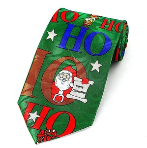 Men's Christmas Neck Tie Fun Ho Ho Holiday Santa & Friends Green Necktie - Picture 1 of 3