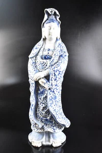 U796: XF Japanese Old Kutani-ware Blue&White Kannon-shaped STATUE Buddhist art - Picture 1 of 9