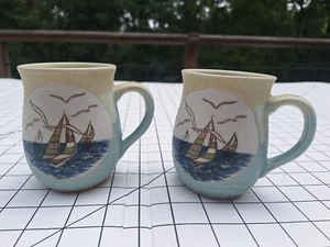 Vintage Otagiri Stoneware Mugs Nautical Blue Japan Boat Ocean Embossed Glazed  - Picture 1 of 7