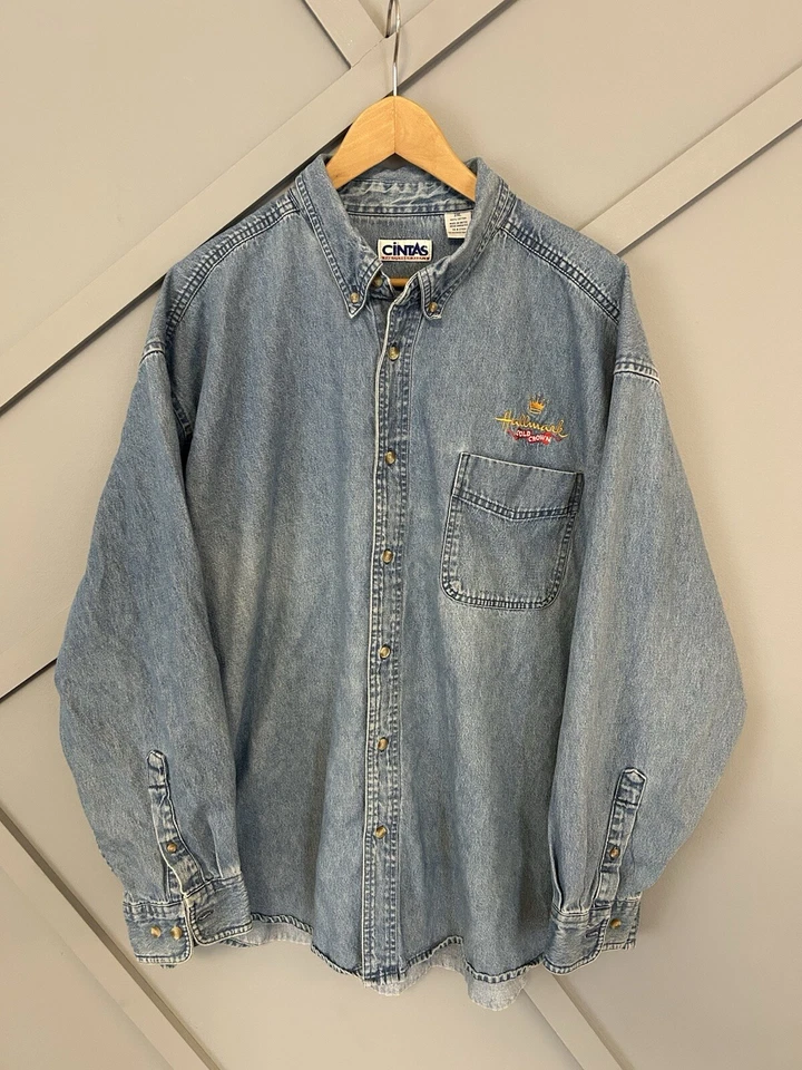 Vintage Cintas Hallmark Gold Crown Denim Button-Up Shirt 2XL Made in UAE - Image 1 of 4