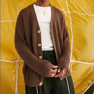 ASOS Design Knitted Oversized Fisherman Rib Cardigan Sweater Brown Medium - Picture 1 of 12