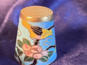 Schön bemalter Fingerhut Vogel und Blumen Metall - Bild 1 von 7