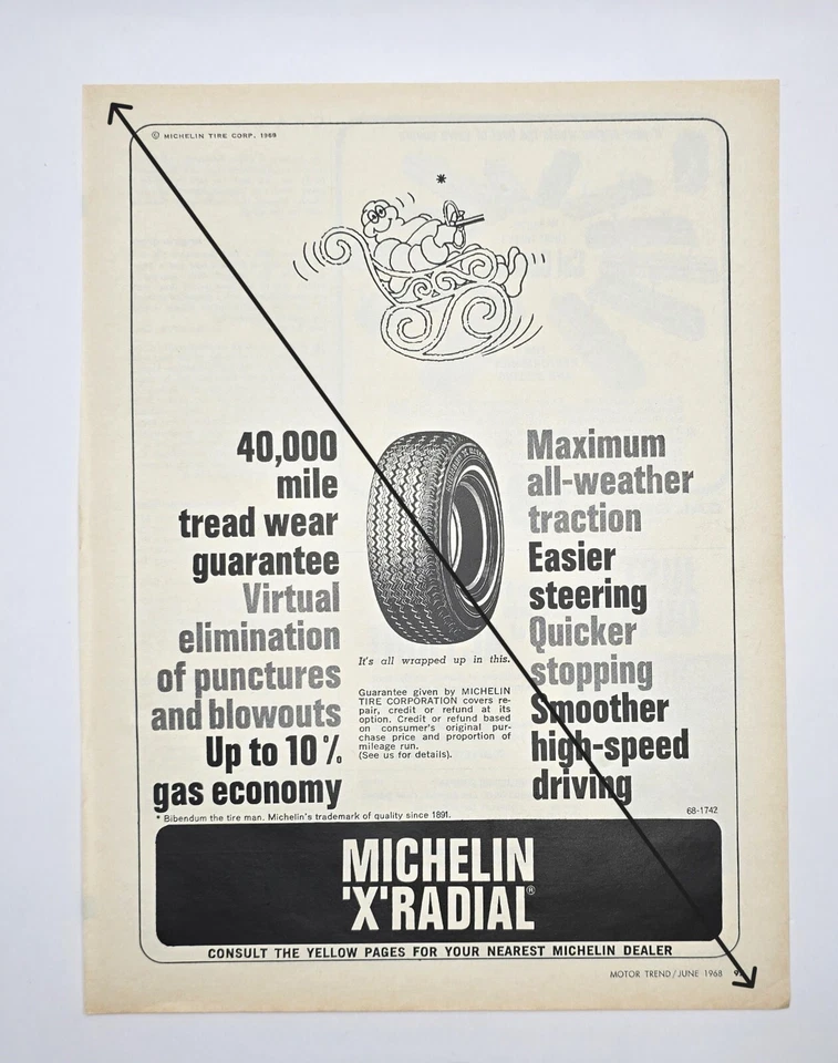Michelin X Radial Bibendum the Tire Man 40 k millas banda de rodadura anuncio impreso de colección arte de pared Foto 1 de 1